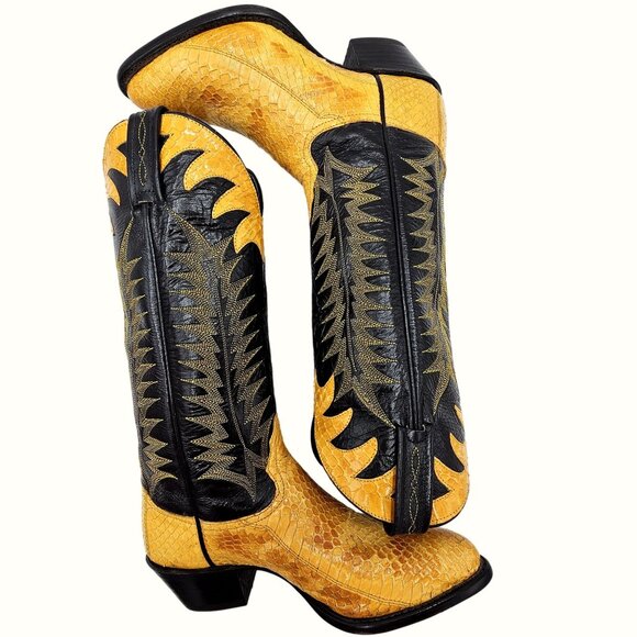 Vintage Tony Lama Exotic Yellow Black Python Snake Cowboy Boots Womens 5 Western - Picture 7 of 15